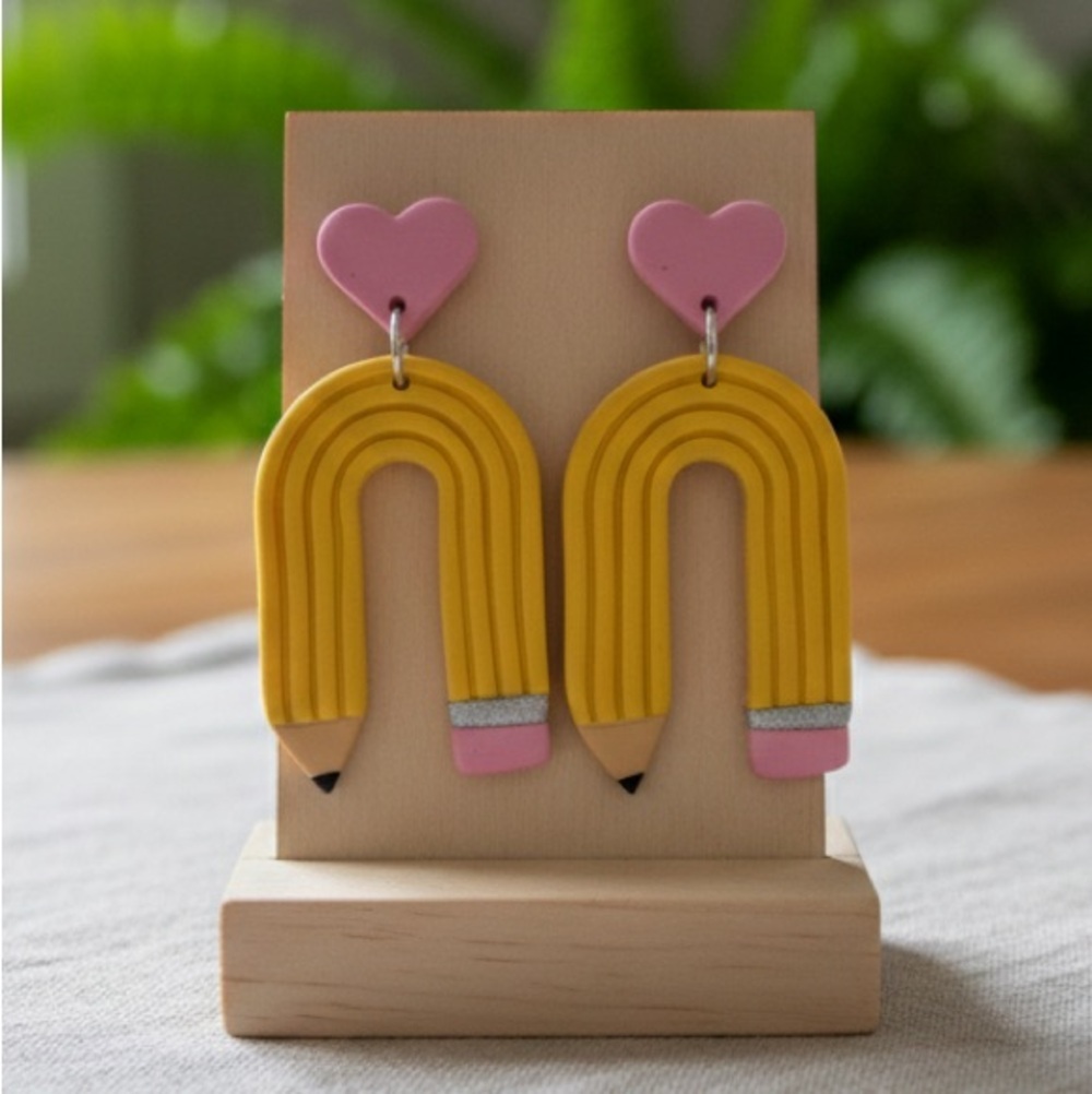 Curved Pencil Drop Stud - Handmade Earrings - Yellow